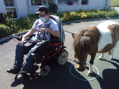 Adulte handicapé moteur en fauteuil roulant promenant un poney
