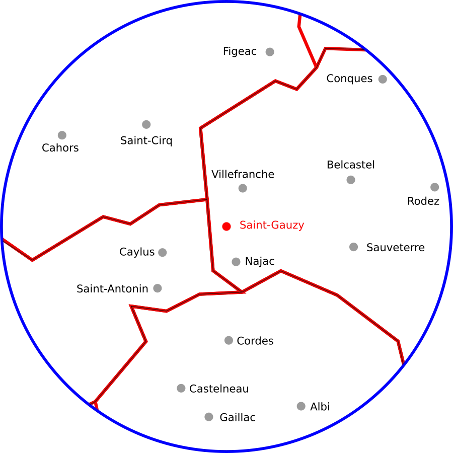 carte stylisée dans un cercle avec au centre saint-gauzy et les principaux sites touristiques dans un rayon de 50 kilomètres