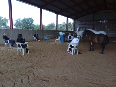 Un groupe de 4 personnes et marie-noëlle gachet assis dans le manège, trois chevaux à proximité pour une séance d'équi-coaching de groupe