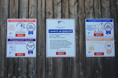 Les différents labels décernés par la FFE aux écuries de Saint-Gauzy : poney-club, handicapés, cheval-club, gîte d'étape, charte de qualité